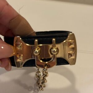 Gold and Black Leather Bracelet with Chain Detail